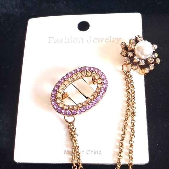 Tanzanite & Pearl Rhinestoned Chain Brooch - Picture 11 of 11